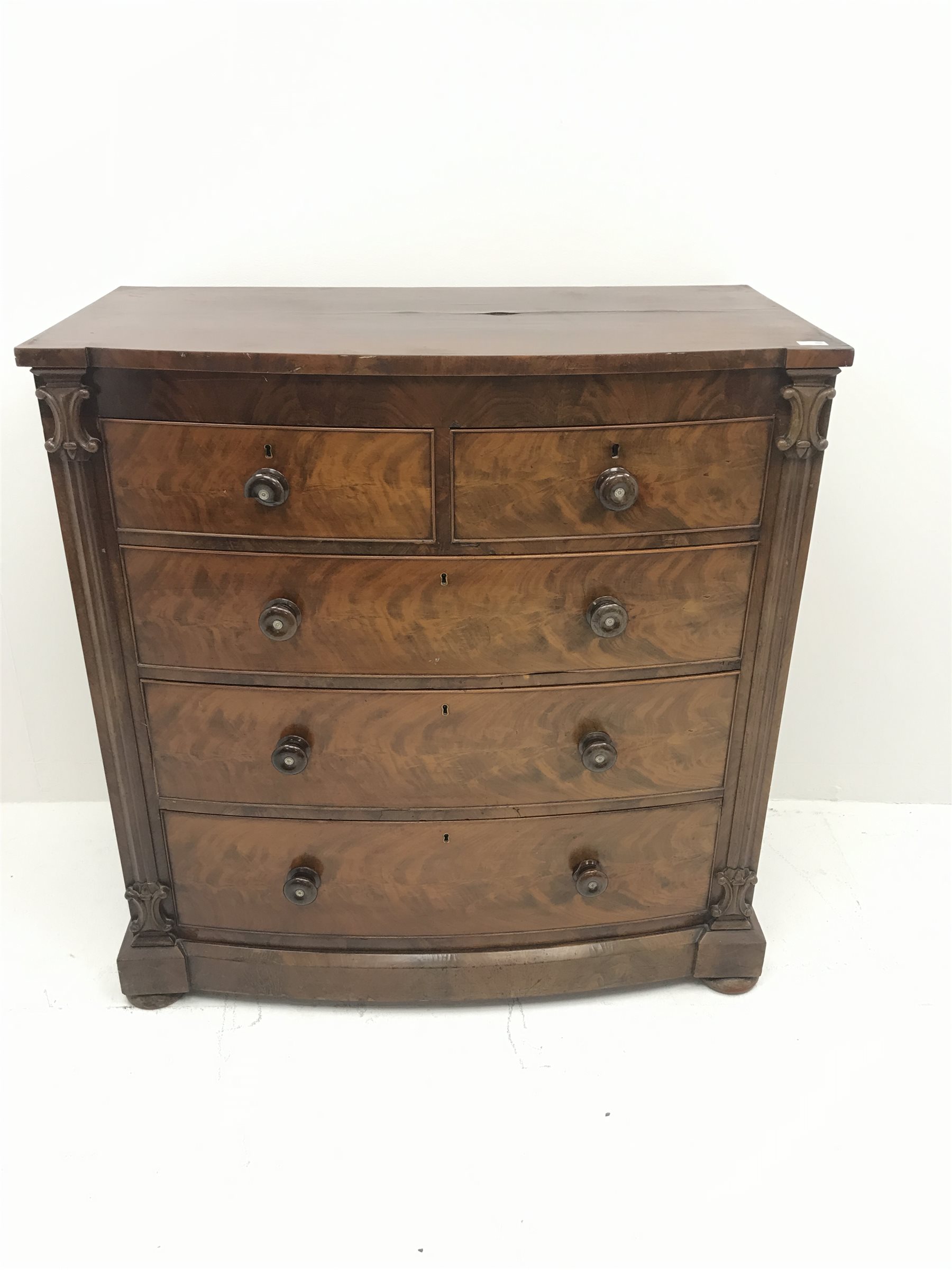 Victorian mahogany serpentine chest, two short and three long graduating drawers, bun feet, W111cm, - Image 3 of 14