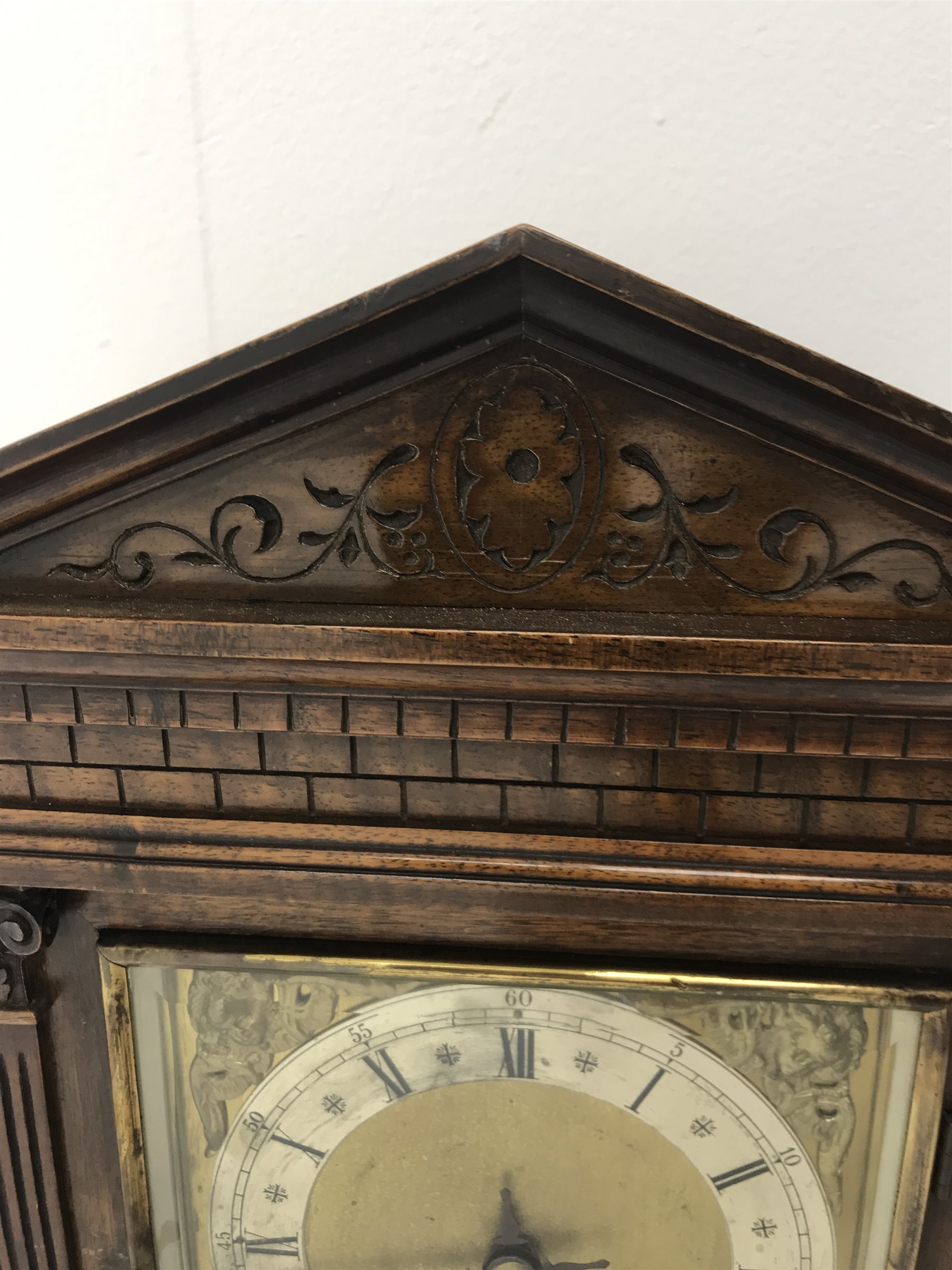 Late 19th century walnut architectural cased bracket clock, square brass dial with silvered Roman ch - Image 3 of 6