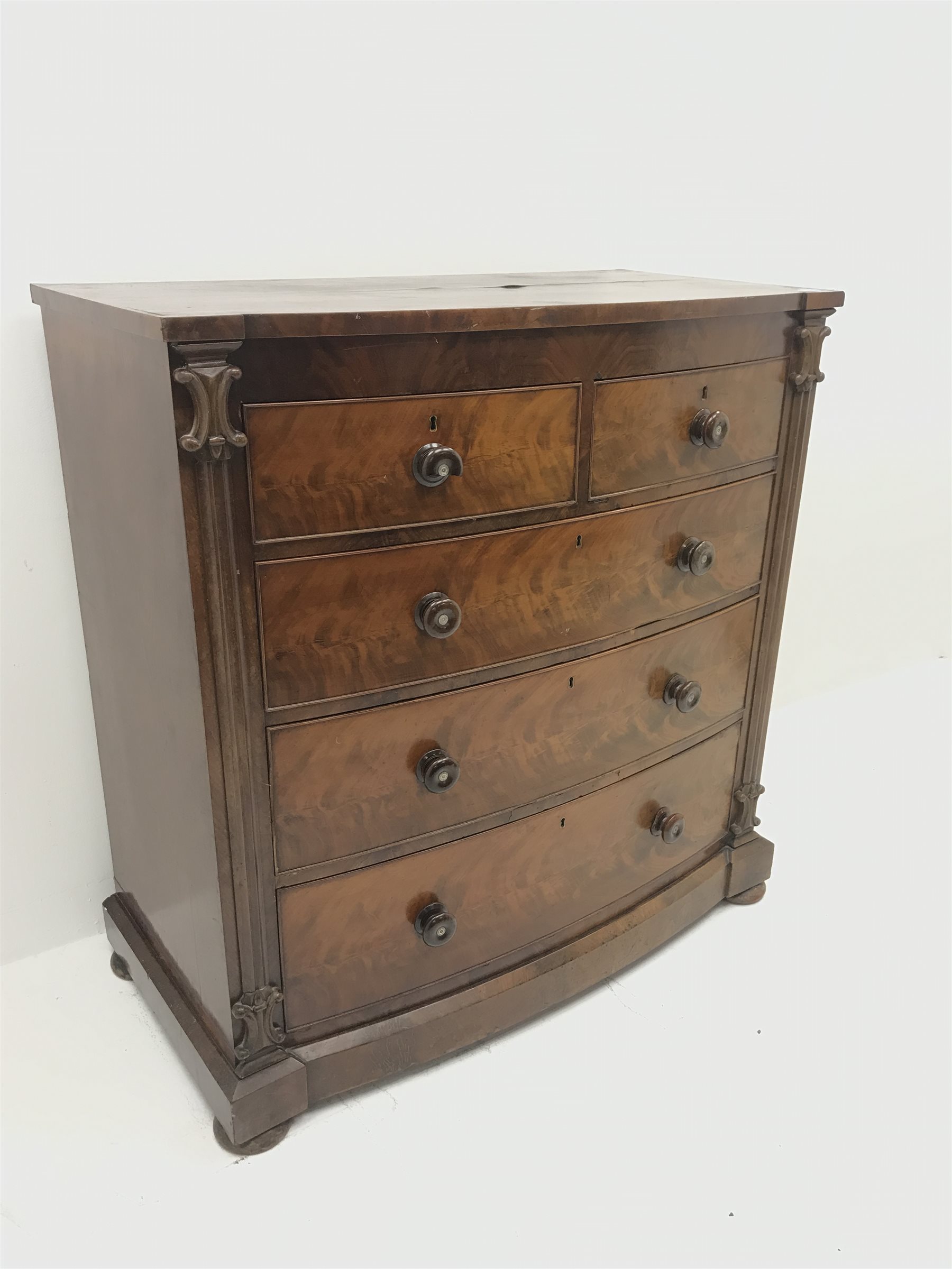 Victorian mahogany serpentine chest, two short and three long graduating drawers, bun feet, W111cm, - Image 2 of 14