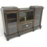Late Victorian ebonised and amboyna veneered credenza/side cabinet, brass gallery, central mirror ab