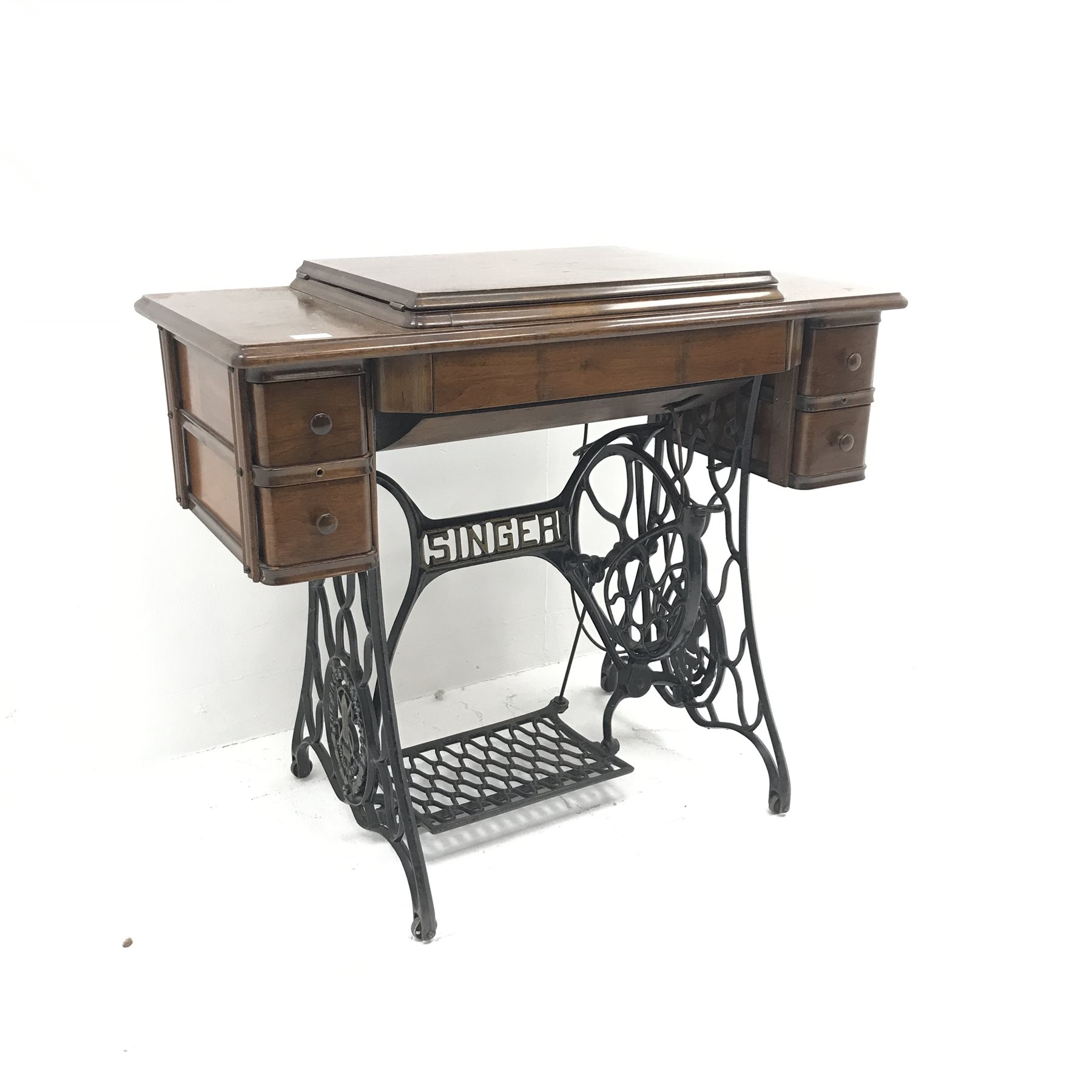 Singer Treadle sewing machine, four drawers, wrought iron base, W91cm, H77cm, D44cm - Image 2 of 10