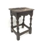 18th/19th century oak coffin stool, carved and shaped rails, outsplayed baluster supports joined by