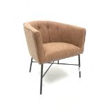 Tub shaped easy chair upholstered in tan faux leather, metal X framed base, W68cm