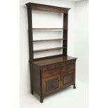 19th century oak dresser, raised three tier plate rack, projecting cornice, three short and two long