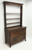 19th century oak dresser, raised three tier plate rack, projecting cornice, three short and two long