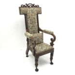 Victorian Prie Dieu walnut chair, carved cresting rail, upholstered back seat and scrolling arms, tu