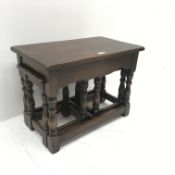 Early 20th century oak nest tables, baluster turned supports joined by square supports, W62cm, H46cm