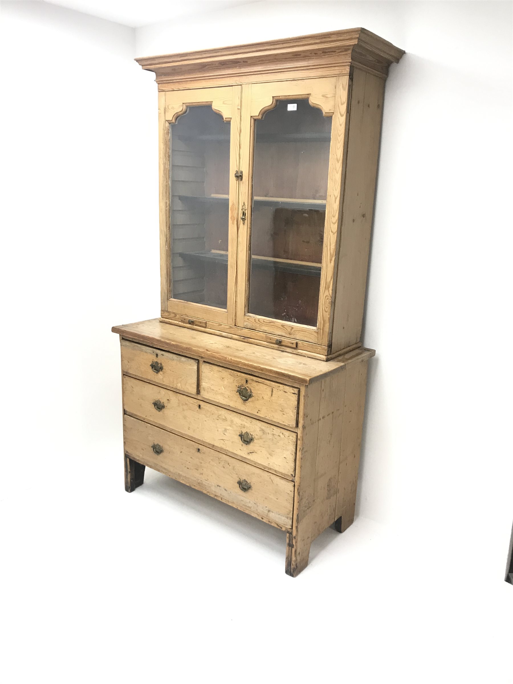 19th century pine cabinet on chest, projecting cornice, two doors enclosing three adjustable shelves - Image 2 of 8