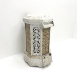 Cast iron white painted stove, tiled front, ornate pierced sides, W31cm, H54cm, D39cm