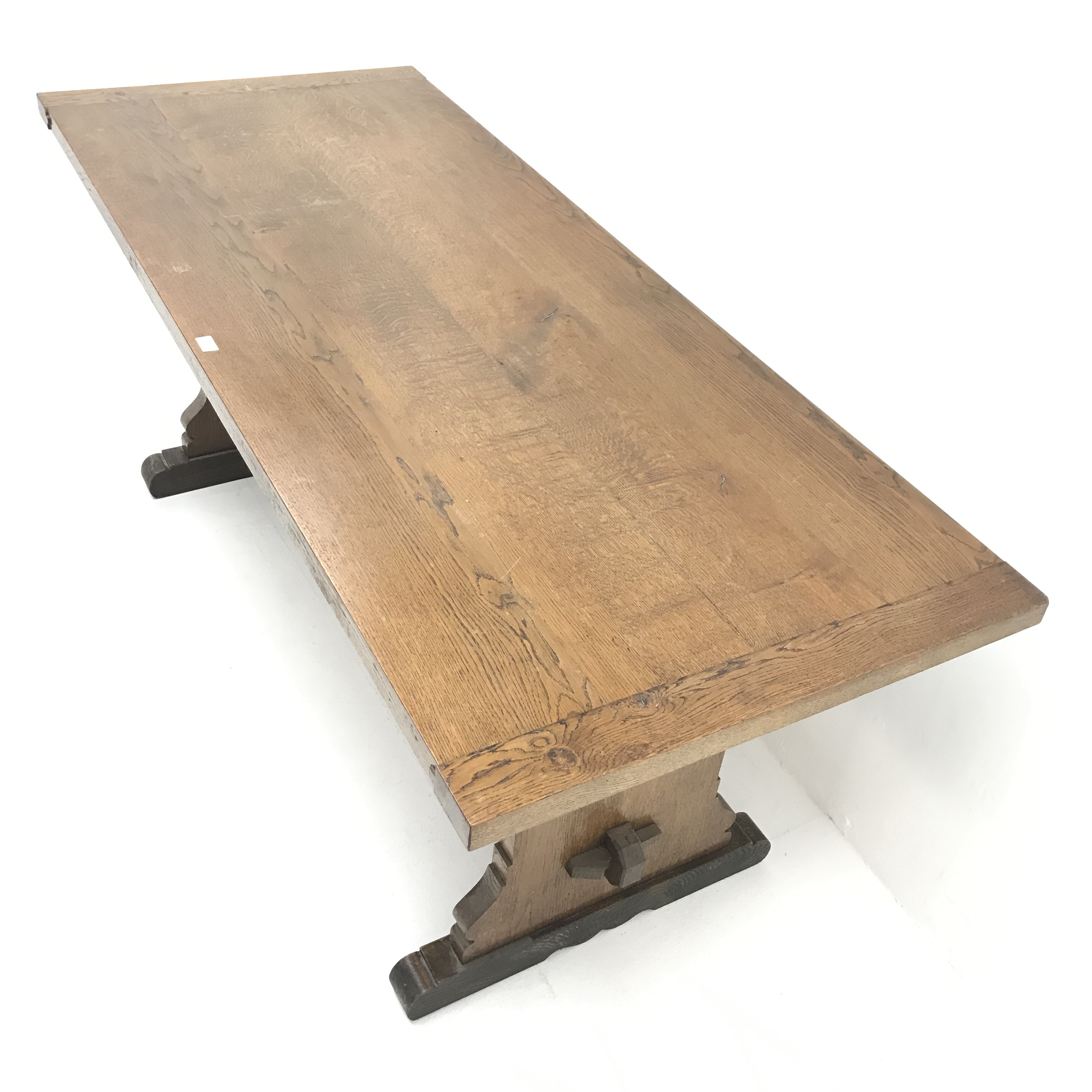 20th century oak refectory table, shaped solid end supports joined by single undertier, sledge feet, - Image 8 of 8