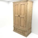 Victorian pine wardrobe, two doors above single drawer, W110cm, H198cm, D62cm