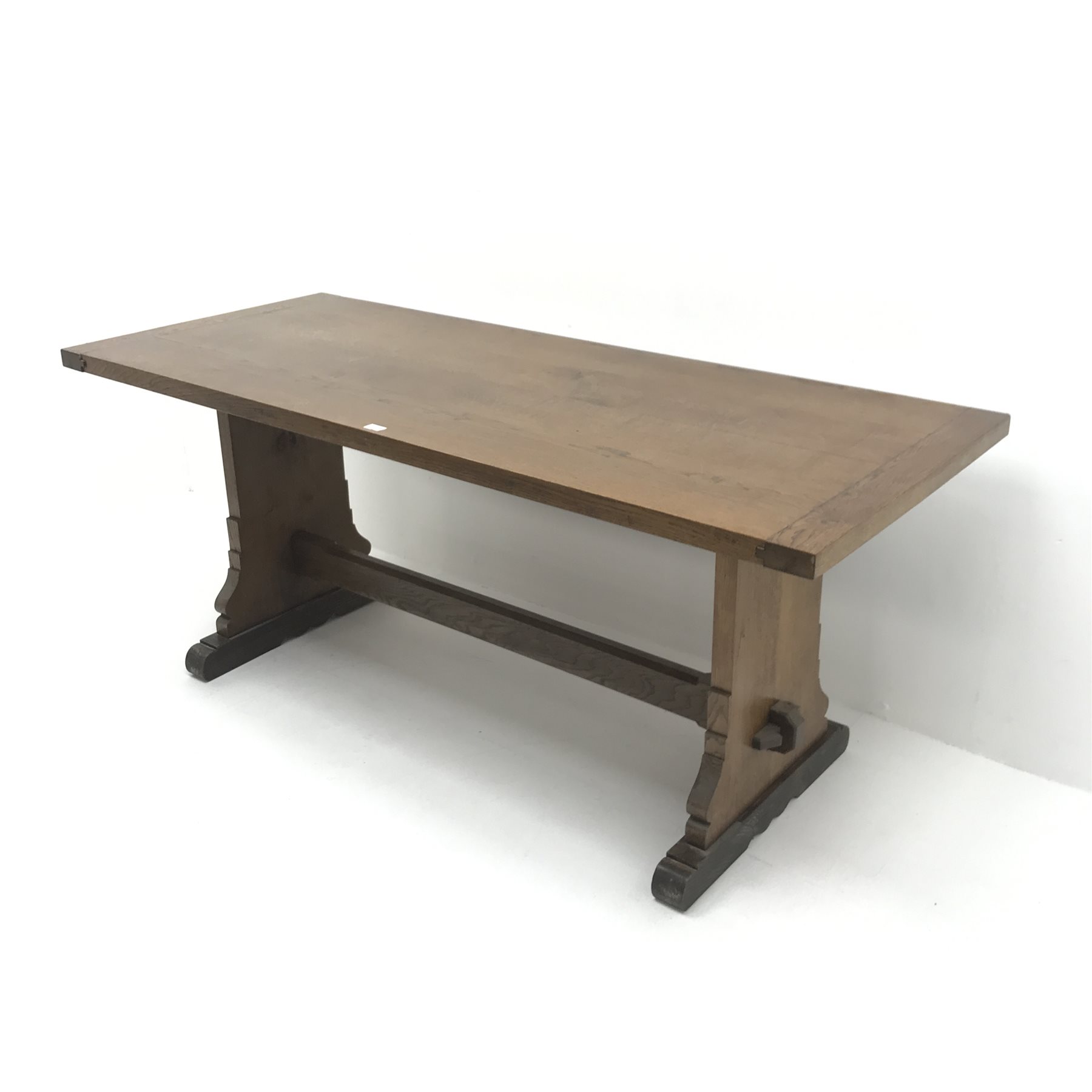 20th century oak refectory table, shaped solid end supports joined by single undertier, sledge feet, - Image 4 of 8
