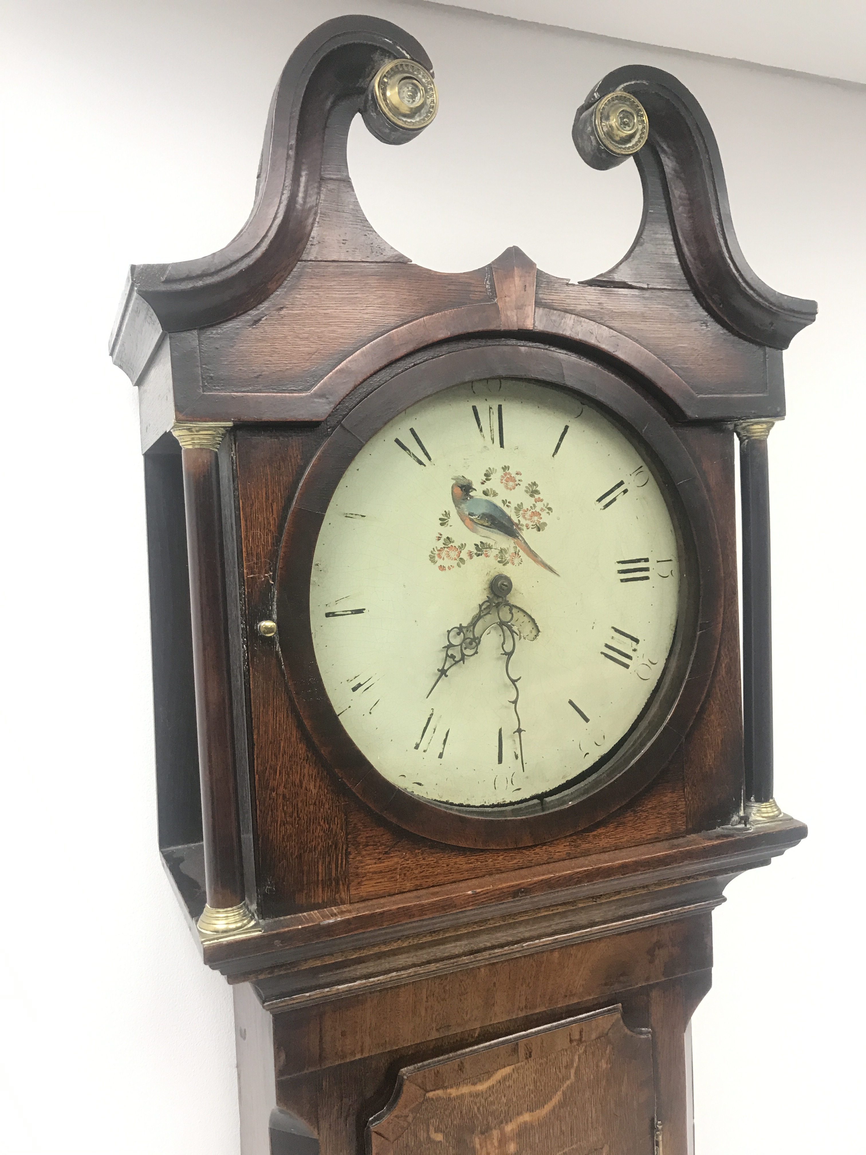 Late 18th century oak and mahogany banded longcase clock, swan neck pediment above hood with turned - Image 2 of 3