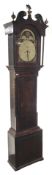 19th century oak and mahogany longcase clock, hood with scrolled pediment over stepped arch glazed d
