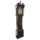 19th century oak and mahogany longcase clock, hood with scrolled pediment over stepped arch glazed d