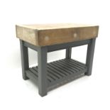 Beech butchers block, square supports joined by slatted undertier, W101cm, H80cm, D60cm