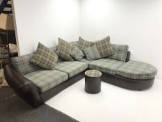 Tetrad corner sofa upholstered in leather and chequered fabric (W272cm & 246cm) with matching foot s