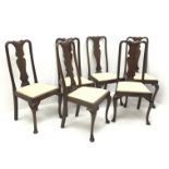 Set six Queen Anne style mahogany dining chairs, shaped cresting rail, upholstered seat, cabriole le