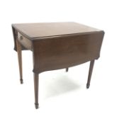 Regency style inlaid mahogany drop leaf table, single drawer, square tapering supports on spade feet