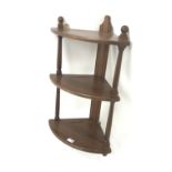 Ercol Old Colonial elm wall hanging three tier corner rack, W47cm, H80cm, D32cm