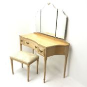 Mid 20th century maple dressing table, raised three piece mirror back, three drawers, turned reeded