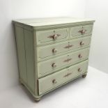 Victorian painted pine chest, two short and three long graduating drawers, turned supports, W111cm,