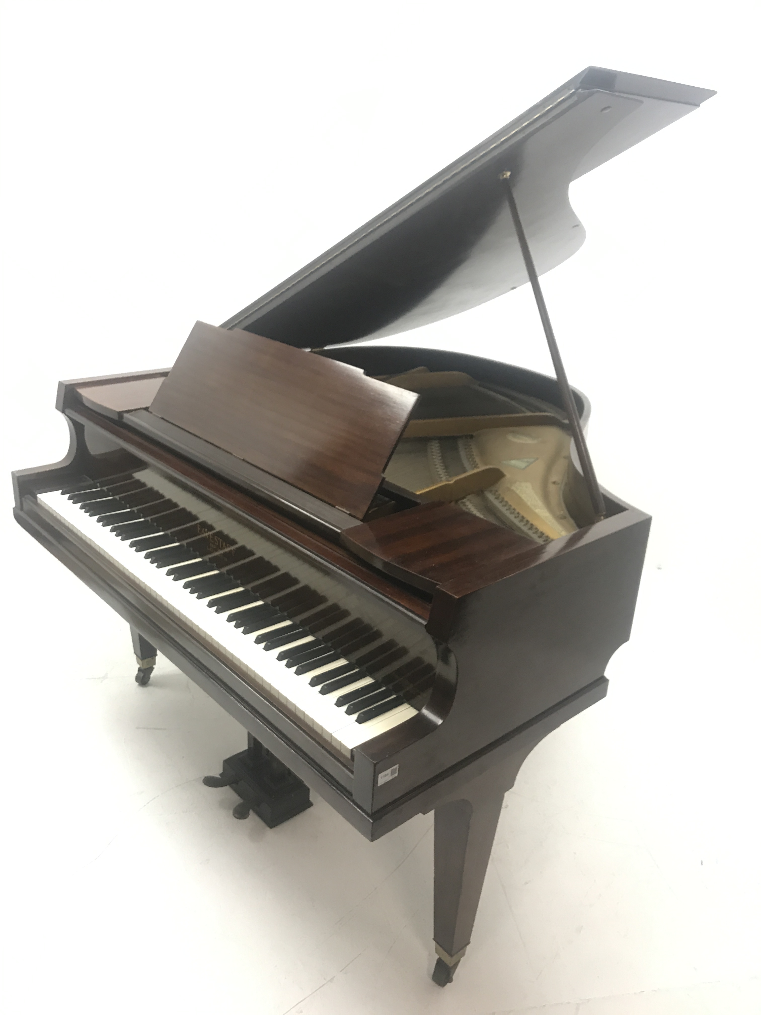 Evestaff London mahogany cased baby grand cast iron overstrung piano, W145cm, H147cm - Image 9 of 14