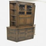 Old Charm - oak three sectional cocktail display cabinet, two lead glazed doors above fall front enc