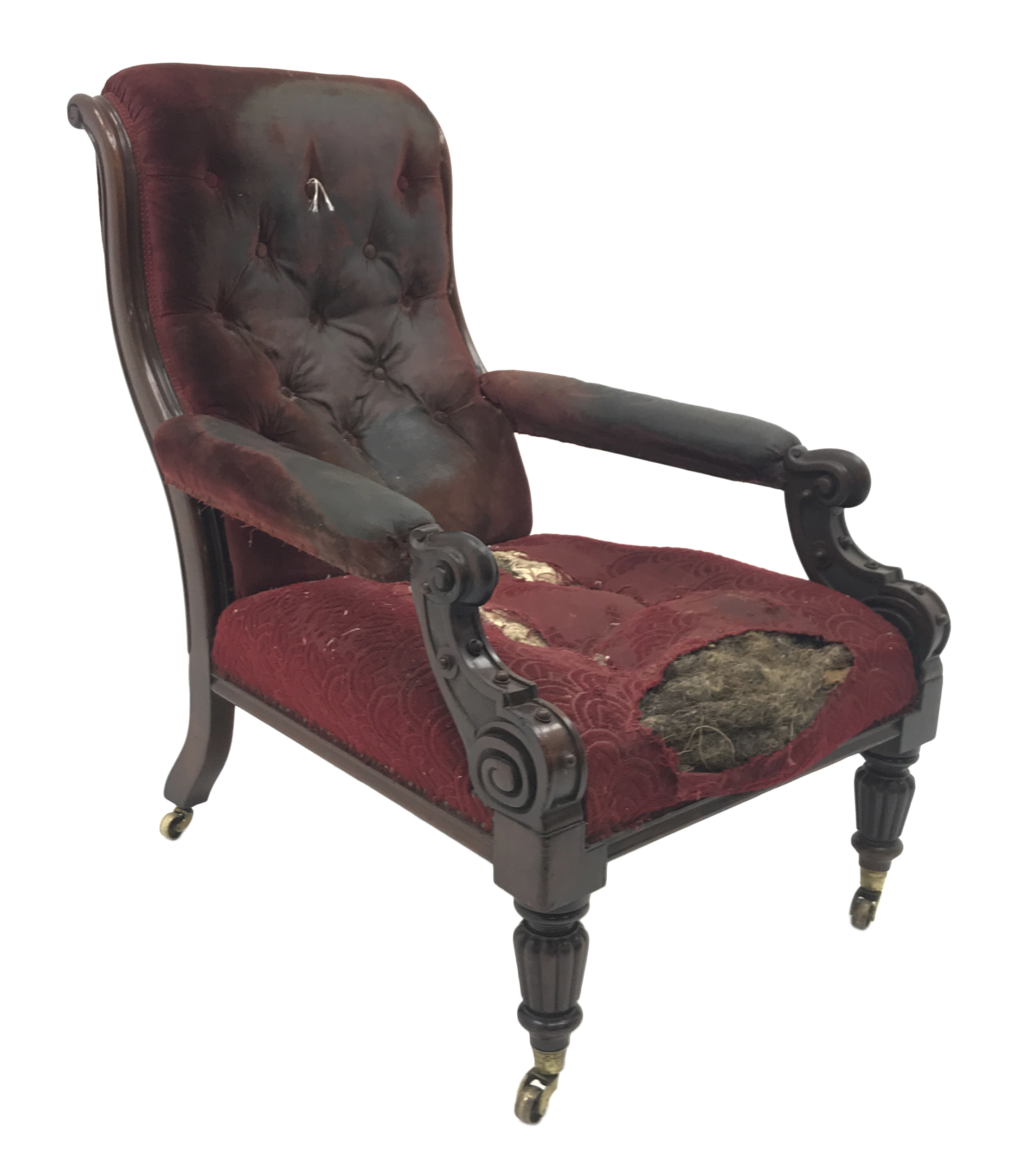 19th century mahogany framed library armchair, scrolled deep buttoned back and open arms on lobed t