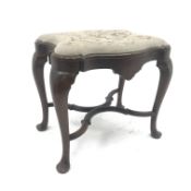 Late 19th/early 20th century mahogany serpentine dressing stool, upholstered needlework seat, cabrio