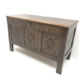 19th century oak blanket box, hinged lid, carved front panels, style supports, W113cm, H69cm, D46cm