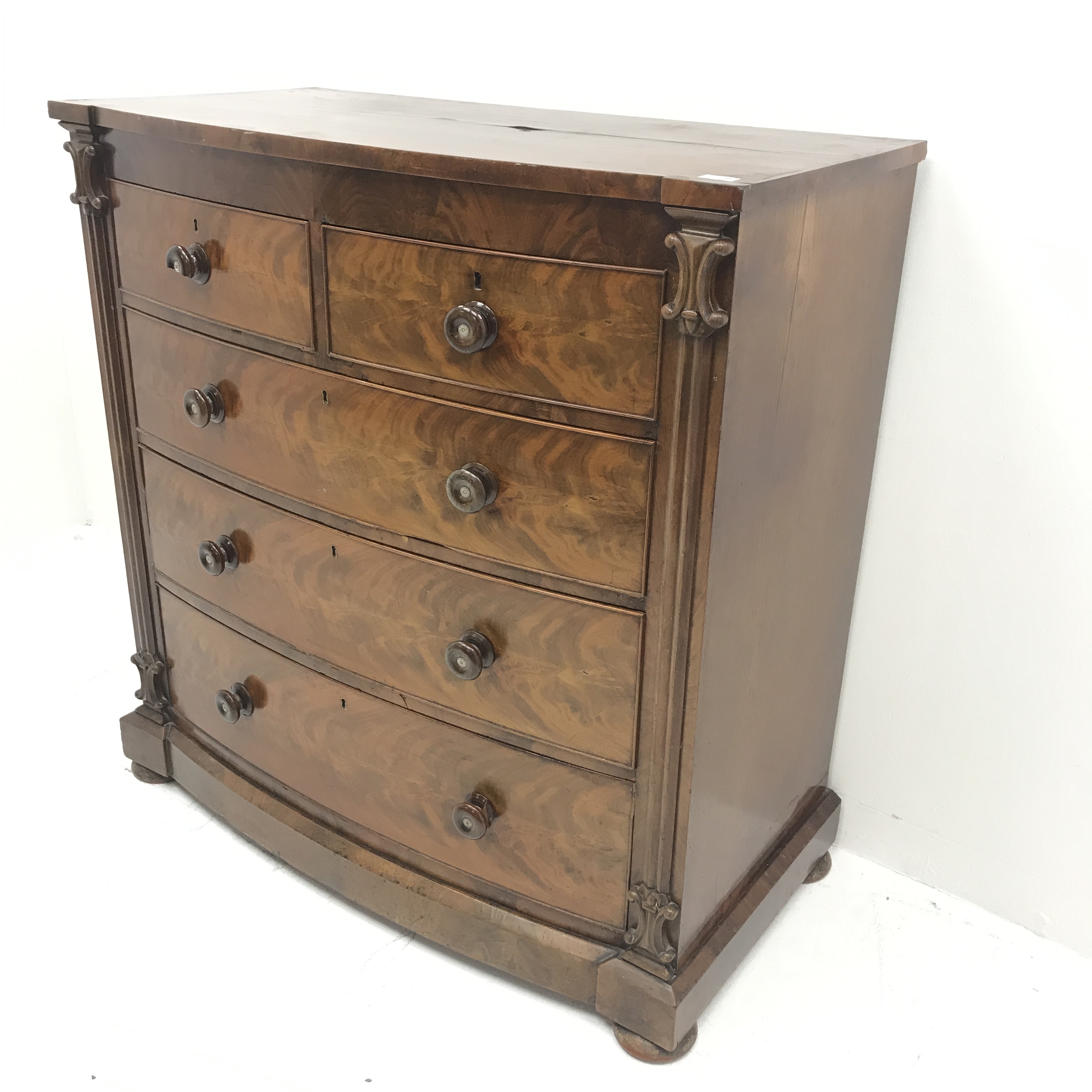 Victorian mahogany serpentine chest, two short and three long graduating drawers, bun feet, W111cm, - Image 10 of 14