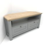 Next Malvern grey and oak finish corner television stand, two drawers, stile supports, W112cm H56cm,