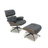 Eames style swivel chair upholstered in black fabric, five supports (W82cm) with matching footstool