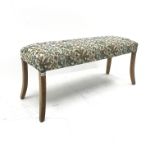 Mid to late century window stool, upholstered in beige ground floral patterned fabric, square taperi