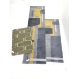 Modern blue ground rug with geometrical patterned field (150cm x 82cm) a matching runner rug (227cm