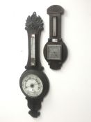 Early 20th century oak cased aneroid barometer with thermometer and another early 20th century oak c