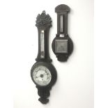 Early 20th century oak cased aneroid barometer with thermometer and another early 20th century oak c