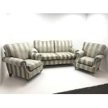 Alstons two seat Amberley sofa upholstered in grey and pale gold stripes, turned supports on castors