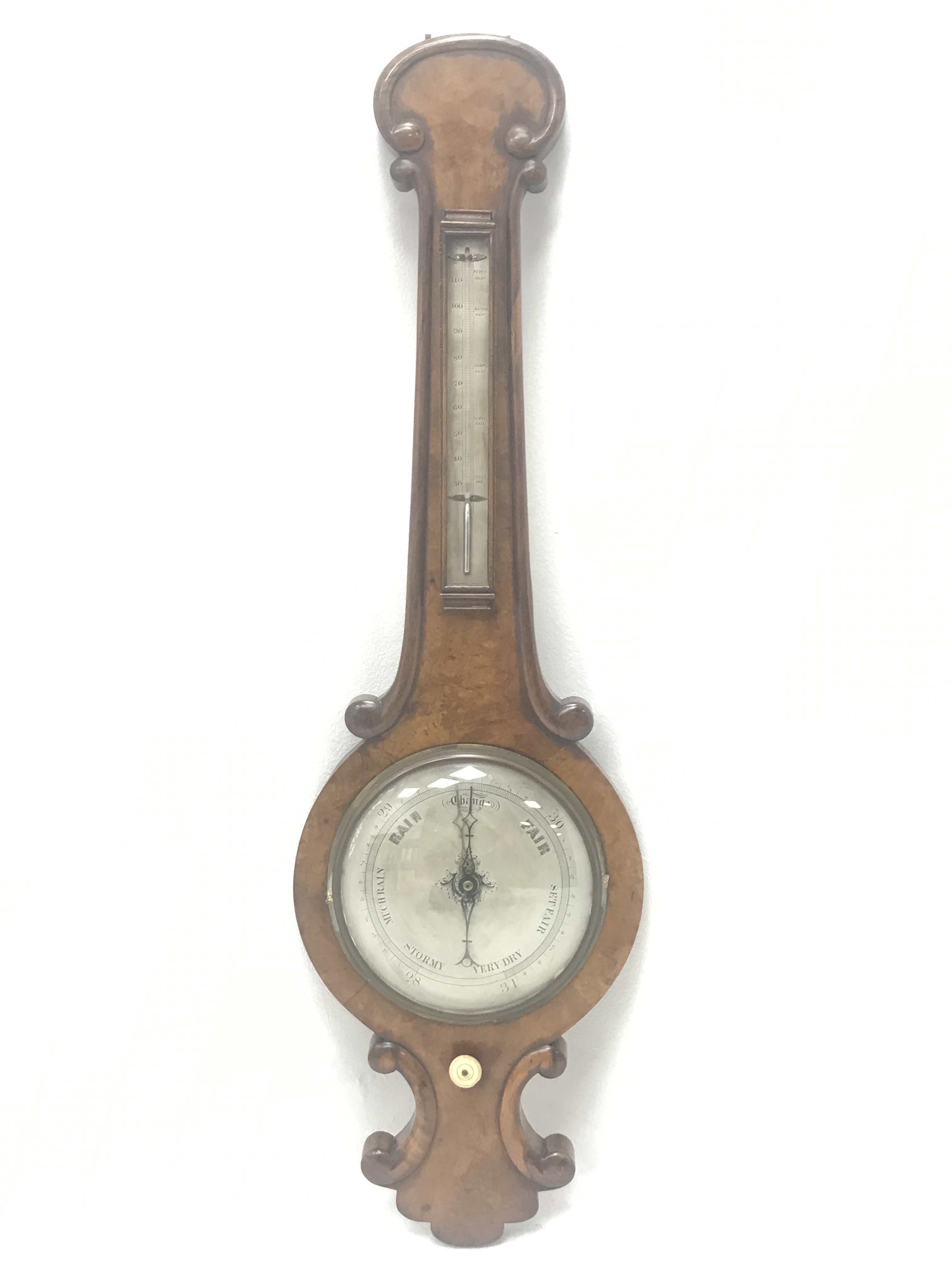 Victorian figured walnut mercury barometer, with mercury thermometer and circular engraved silvered - Image 4 of 4