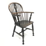 19th century ash and elm Windsor armchair, turned supports, W58cm