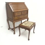 Chinese hardwood bureau, fall front enclosing fitted interior, two short and one long drawer, cabrio