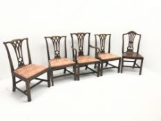 Set four Victorian mahogany dining chairs, shaped cresting rail and pierced splat, upholstered seat,