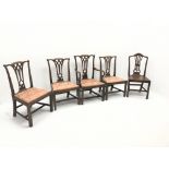 Set four Victorian mahogany dining chairs, shaped cresting rail and pierced splat, upholstered seat,