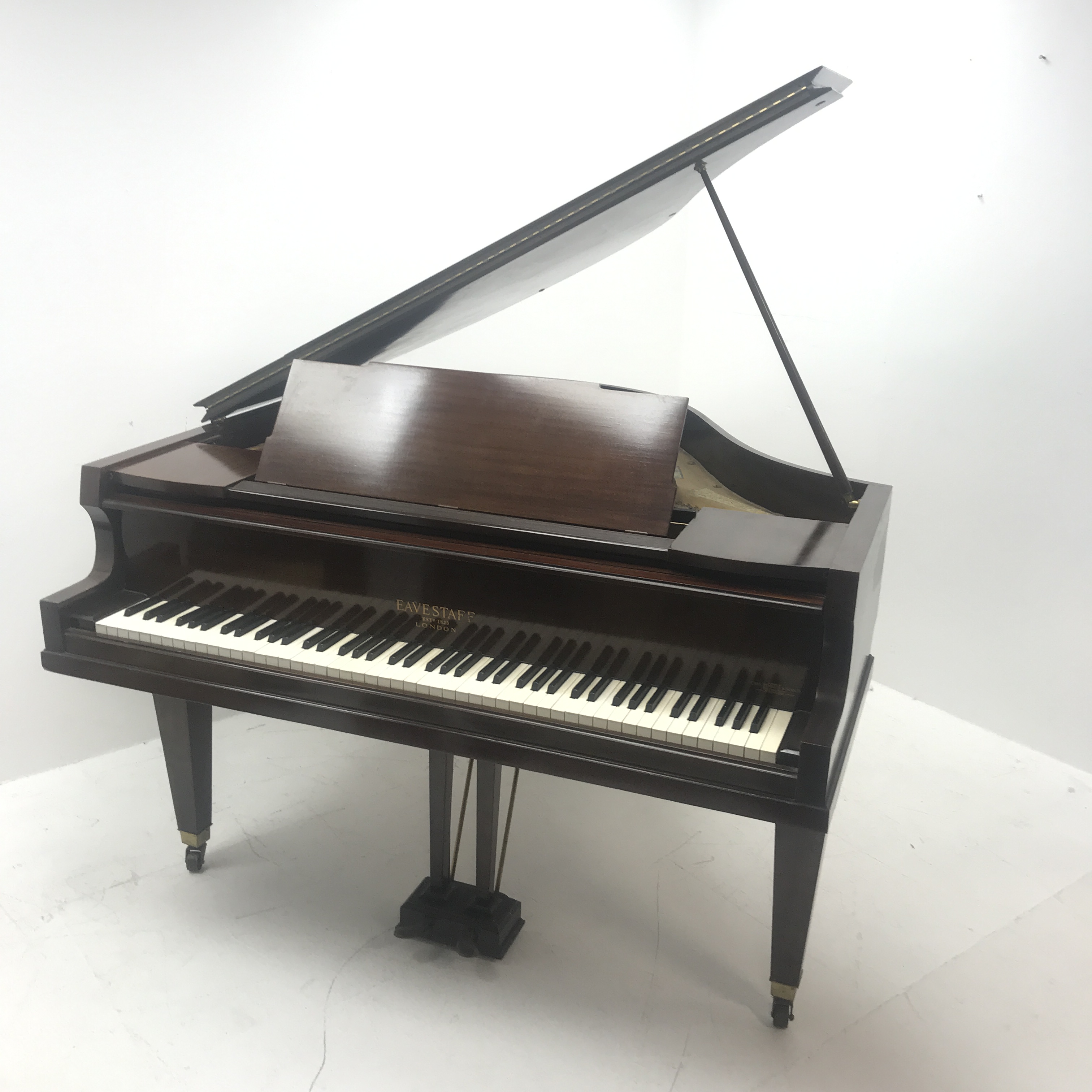 Evestaff London mahogany cased baby grand cast iron overstrung piano, W145cm, H147cm - Image 10 of 14