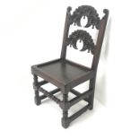 17th century style Yorkshire/Derbyshire oak chair, solid seat, turned supports, W49cm