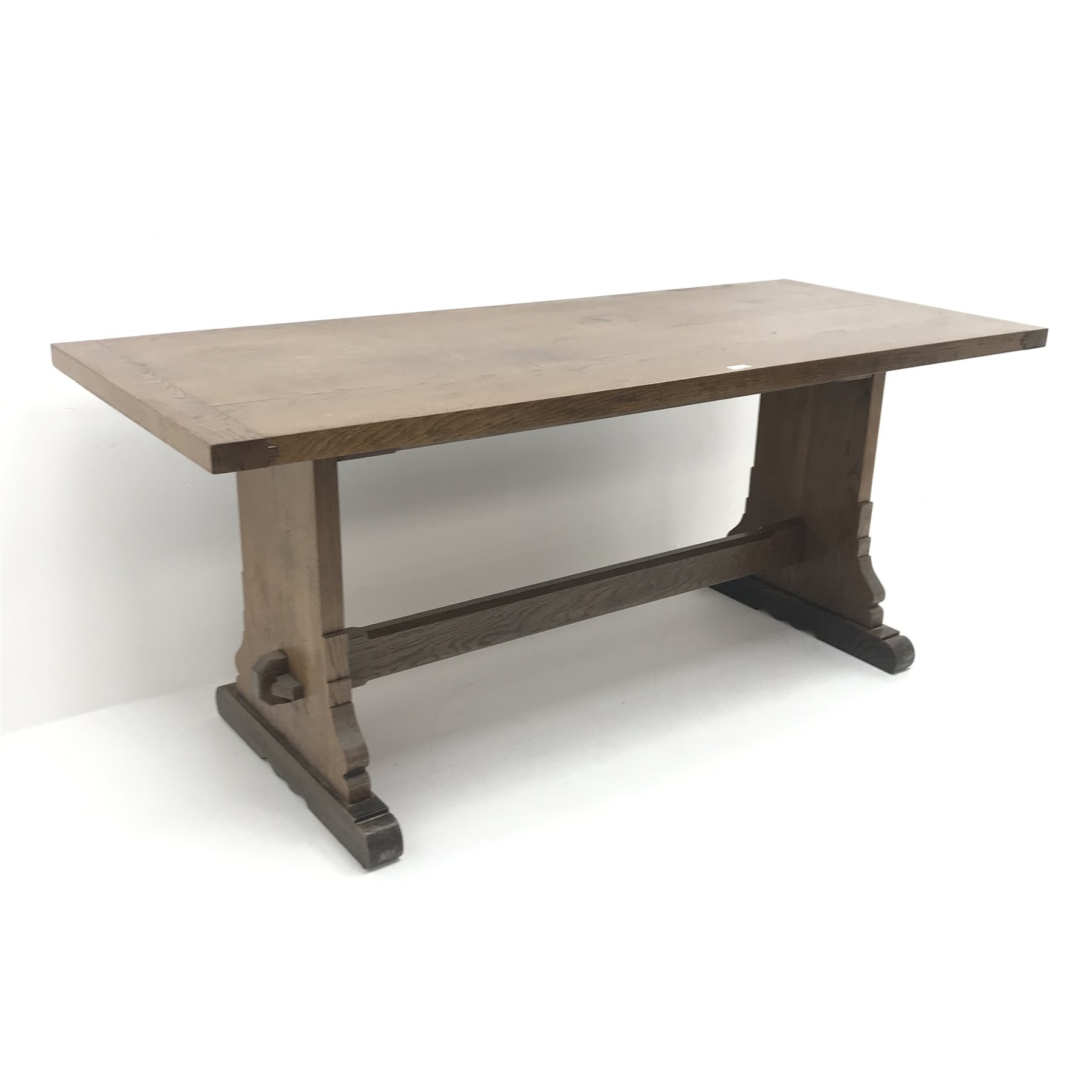 20th century oak refectory table, shaped solid end supports joined by single undertier, sledge feet, - Image 2 of 8
