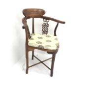 Chinese rosewood corner chair, carved and pierced splats, shaped seat, square supports joined by str