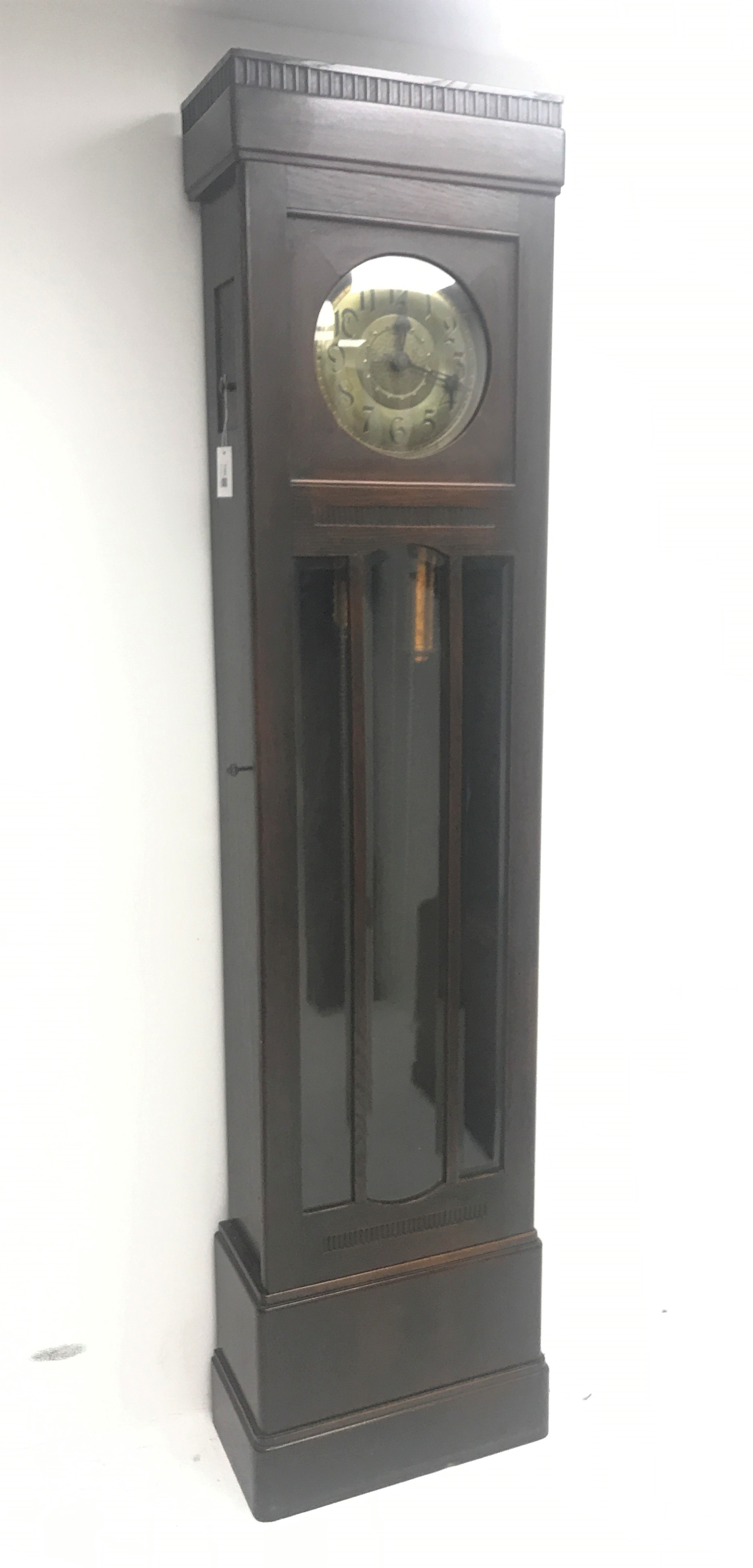 Early 20th century oak longcase clock, eight day movement striking on a coil, circular Arabic dial w