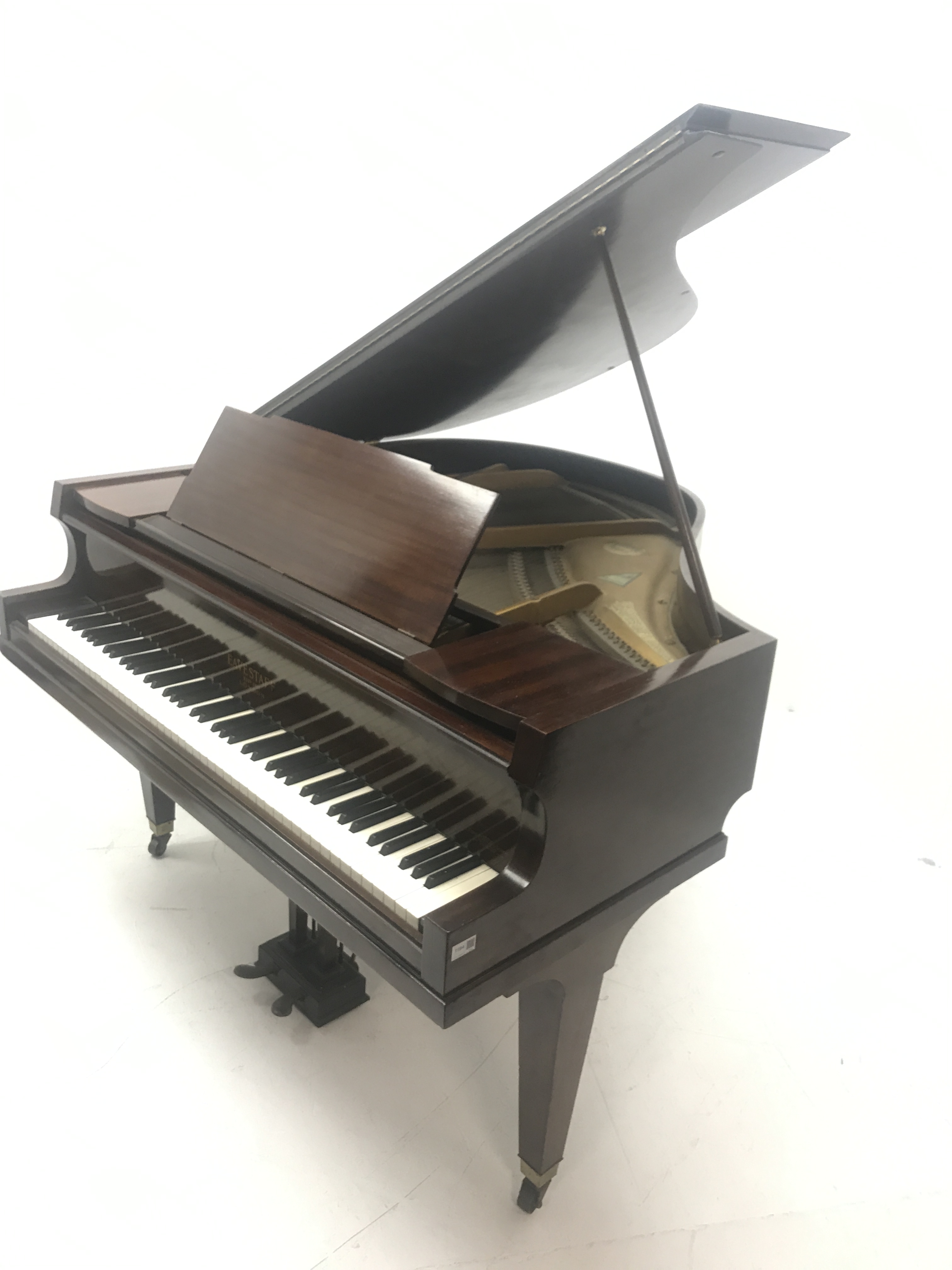 Evestaff London mahogany cased baby grand cast iron overstrung piano, W145cm, H147cm